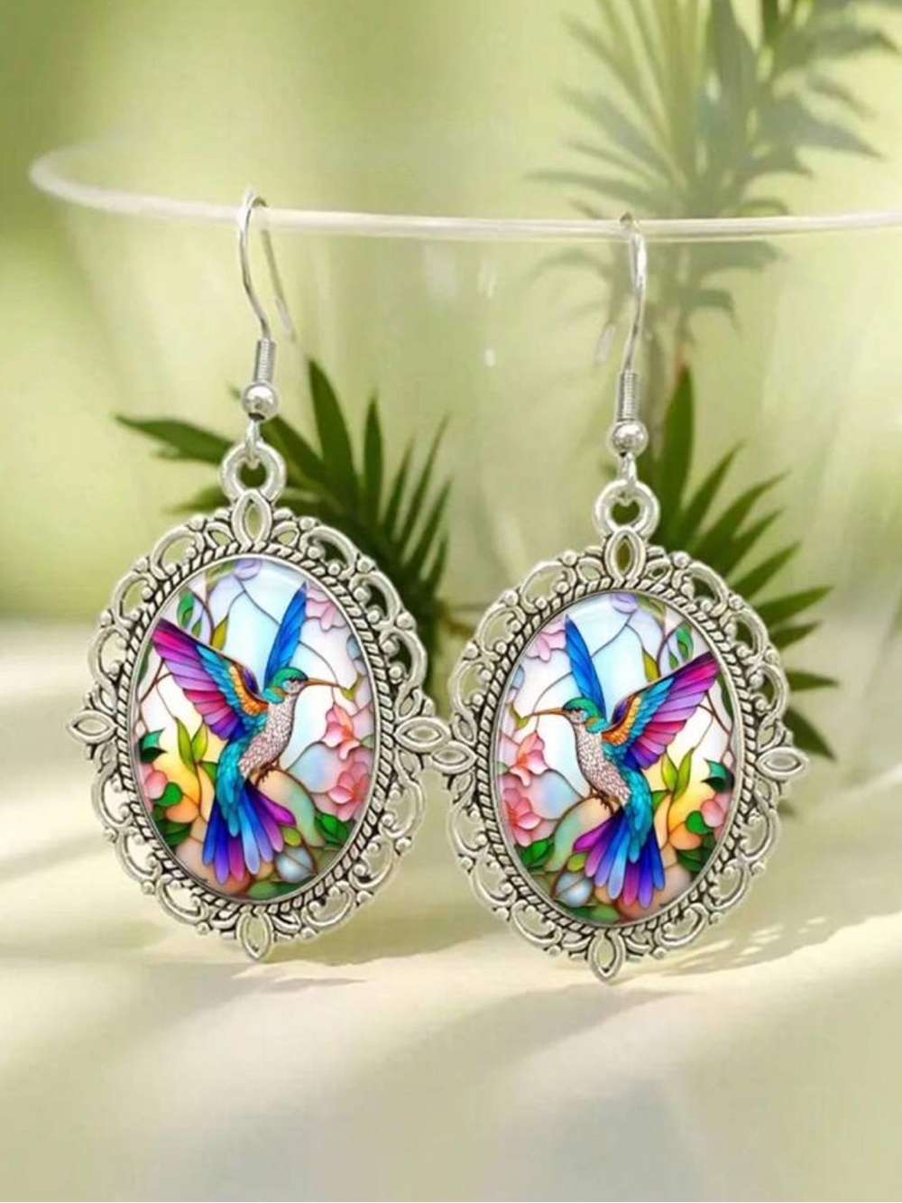 Silver Oval Hummingbird Drop Earrings